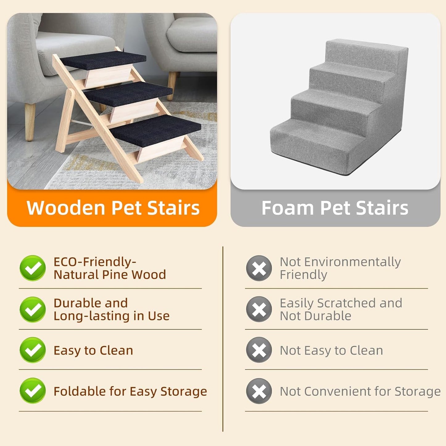 Dog Stairs/Ramp for Bed, Wooden Convertible Pet Steps, Portable Dog Ladder Up to 180 Pound for Elderly/Short-Legged Dogs, 3 Steps for Beds, Couch, Cars