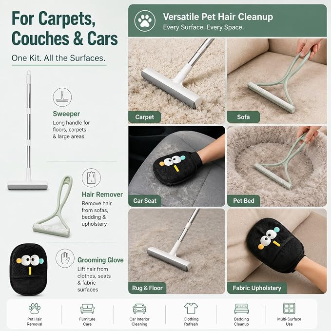 GOOGO Pet Hair Removal Tool Kit, 3 in 1 Carpet Rake Set with White Long Handle Brush, Mint Green Scraper and Scalable Pet Broom Glove for Carpets, Couches and Cars