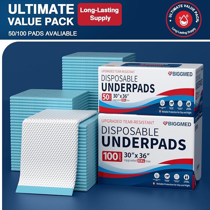 BIGGMED Tear-Resistant Disposable Bed Pads 30" x 36" 100 Count Absorbent Underpads, Chux Thicker Extra Large Incontinence Bed Pads, Pee Pads for Adults, Kids, Elderly, Pets