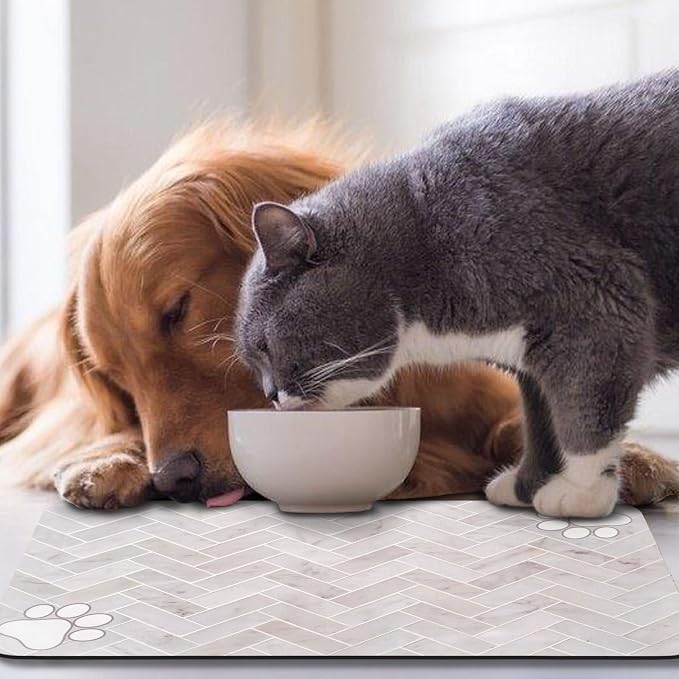 Dog Food Mats,Cat Absorbent Water Bowl Feeding Mats Pet Placemats for Food and Water White Wood Grain 16 * 24 inch