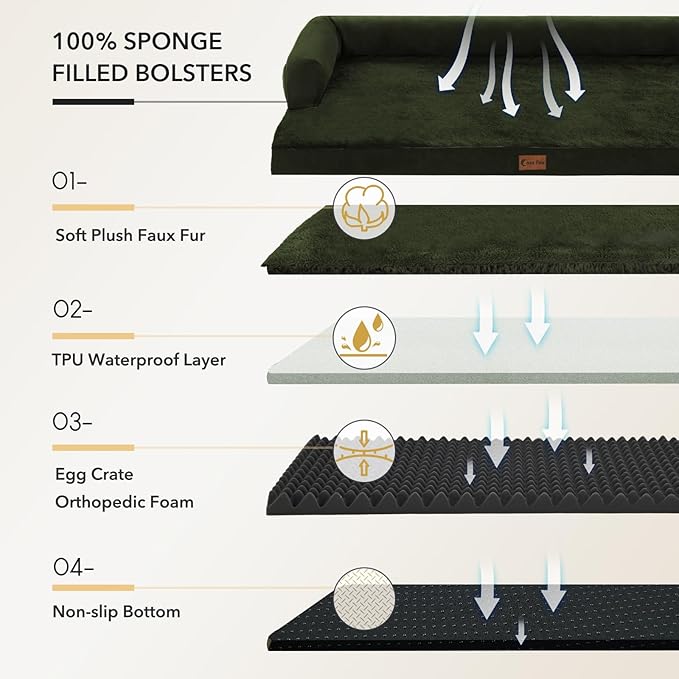 Orthopedic Dog Beds for Extra Large Dogs, Waterproof Egg Crate Foam XL Dog Bed with Sides 41x27Inch, Washable Big Dogs Couch Beds with Removable Cover and Nonskid Bottom, Olive Green