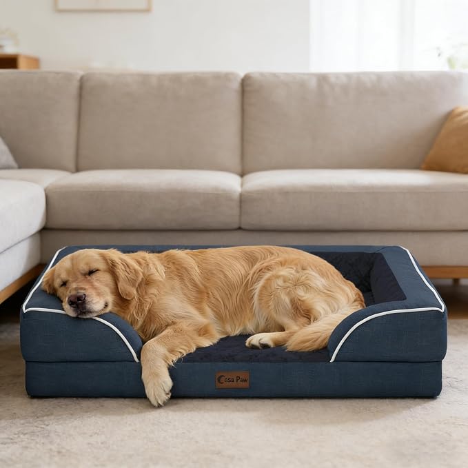 Orthopedic Dog Beds for Medium Sized Dogs 35x22 Inch, Medium Waterproof Memory Foam Dog Sofa Bed with Removable Washable Cover Pet Couch with Bolster, Navy Blue