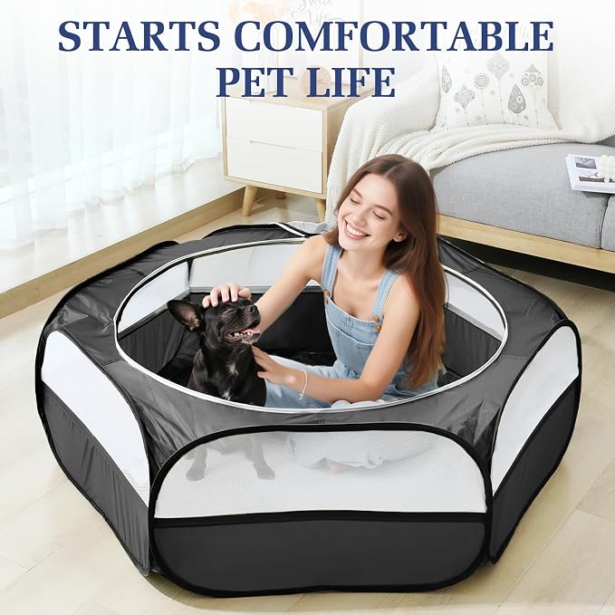 2-in-1 Small Animals Playpen with Pad, Waterproof Small Pet Cage Tent with Reusable Pad, Portable Outdoor Yard Fence with 3 Metal Rod for Chick/Kitten/Puppy/Guinea Pig/Rabbits/Chinchillas, Black+Gray