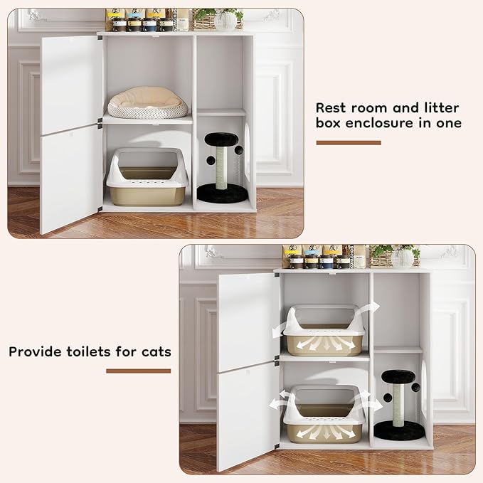 Rovibek Double Cat Litter Box Enclosure, Hidden Litter Box Furniture with Scratching Post and Dangling Ball, Dual Cat Litter Cabinet for 2 Litter Boxes, White
