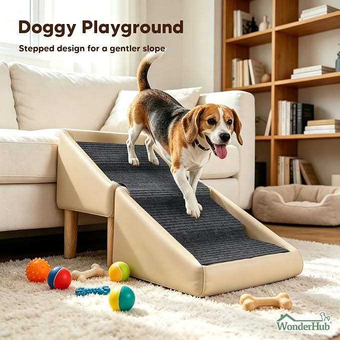 2-in-1 Foldable Dog Stairs & Ramp,Non-Slip, 17.13" H,(Light Beige) | For small, puppy, senior, and injured dogs – easy access to couch or bed