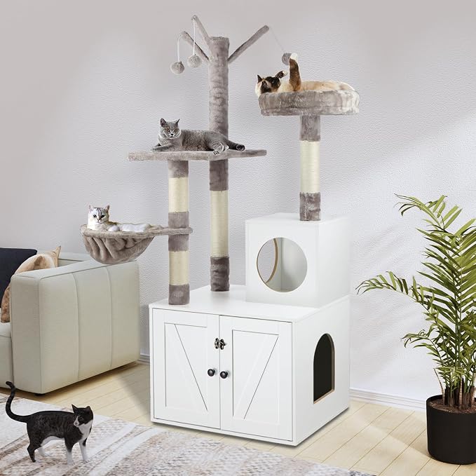Timberer Litter Box Enclosure with Cat Tree, 2-in-1 Hidden Litter Box Furniture with Scratching Post, Modern Cat Condo, White