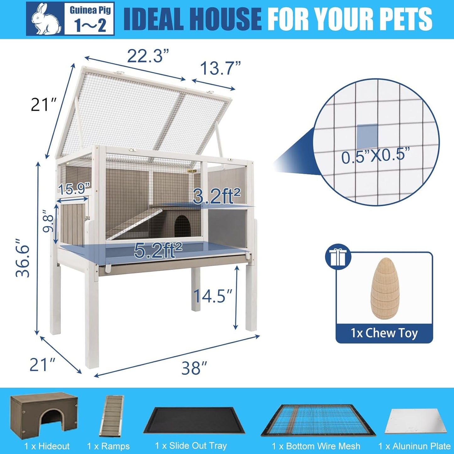 38" L Rabbit Hutch Bunny Cage,Fir Wood Rabbit Cage Indoor Outdoor with Pull Out Tray,Bunny Hutch with Ramp and Hideout,Guinea Pig Cages Rabbit Hutch Indoor with Detachable 4 Legs