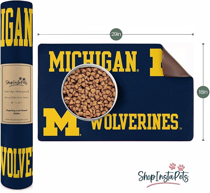 Michigan Wolverines Officially Licensed Food and Water Mat for Dogs and Cats | 18" x 29" | Non-Slip | Water-Proof