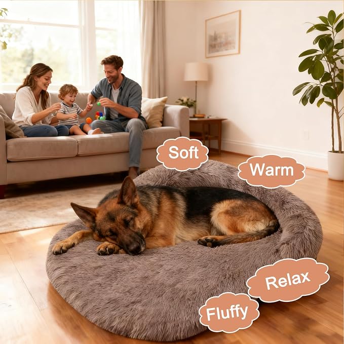 Orthopedic Dog Bed with Egg-Crate Base, Calming Dog Beds Fluffy Plush Faux Fur with Raised Edges, Spine Friendly Pet Sleeping Mat for Medium Large Dogs, Machine Washable (Oval, Brown 40"x30")
