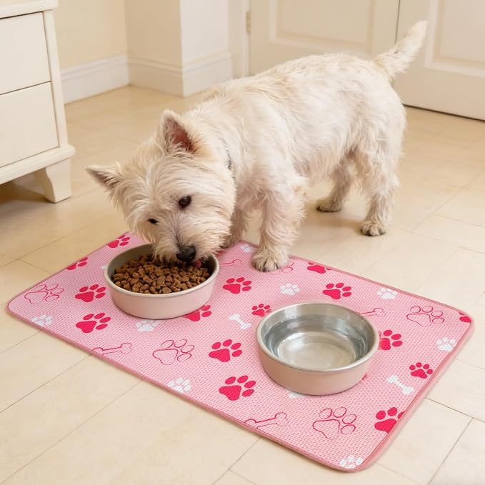 PUPTECK Dog Food Mat, Absorbent Pet Cat Feeding Mat for Food and Water Bowls, Anti-Slip Dog Placemat for Floors Waterproof, Pet Supplies Accessories, Pink M