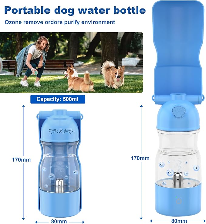 Amerisun Portable Dog Water Bottle with Ozone Purification-Active Oxygen Puppy Water Bowl & Dispenser for Travel, Improves Taste and Boosts Immunity for Pet Health Care Water Bottle (A-013Bblue)