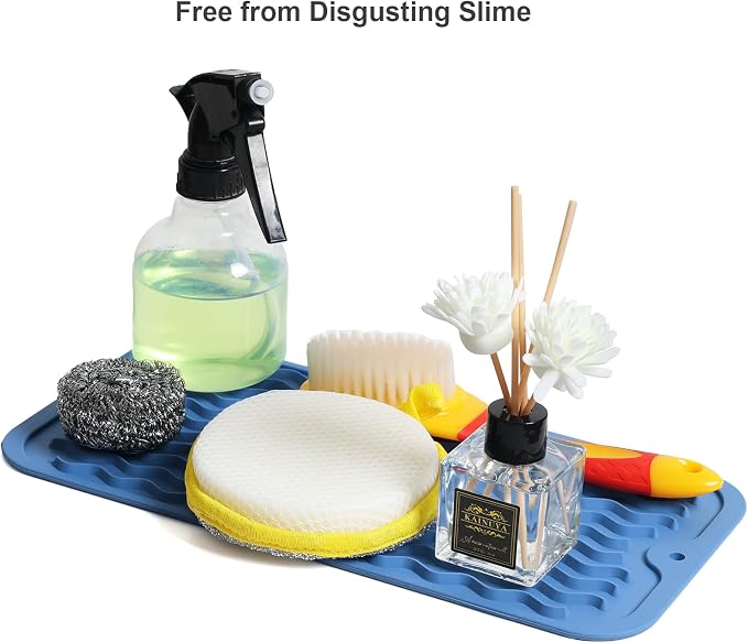 ZLR Silicone Sink Caddy Tray (6" x 12" / 153 x 305mm) - Narrow Sponge Holder for Kitchen Counter - Waterproof Dish Drying Mat, Non-Slip Soap Dispenser Mat & Bathroom Vanity Organizer (Lichen Blue)