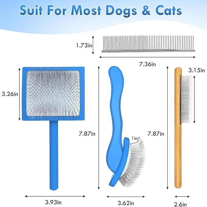 Large Slicker Brush for Dogs - 3-Piece Solid Wood Dog Grooming Kit for Doodles and Poodles - for Wavy, Curly & Matted Hair, Blue
