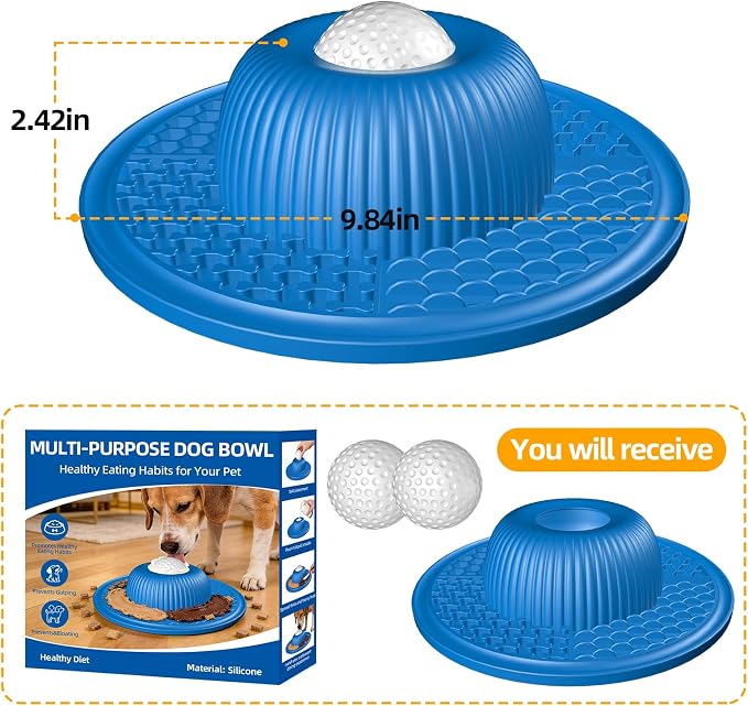2-in-1 Dog Slow Feeder Bowl & Lick Mat with 2 Rotatable Balls, No-Slip Silicone Anxiety Relief Treat Mat for Dogs & Cats, Dishwasher Safe (Blue)