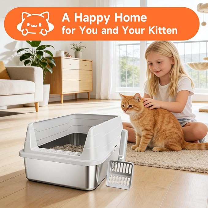 Stainless Steel Cat Litter Box for Small Cats, Odor Free Metal Litter Box with High Sides Lid, Open Top Low Entry Litter Pan Include Scoop Easy Cleaning Kitty Cat Box Anti-Urine Leakage, Non-Sticky