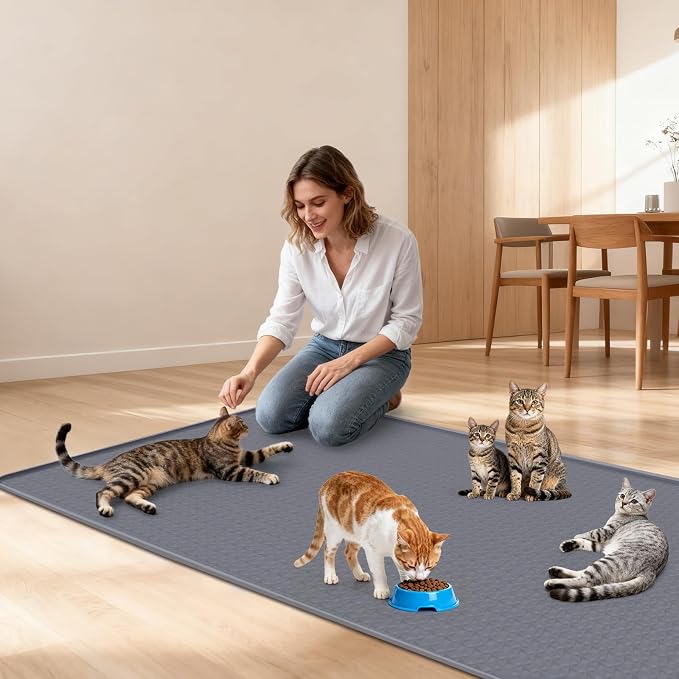 Cat Food Mat, 51" x 26" Large Silicone Mat Cat Feeding Mat with Raised Edge Non-Slip Pet Feeding Mat for Food and Water Bowl, Easy to Clean, Floor Protection (Gray)