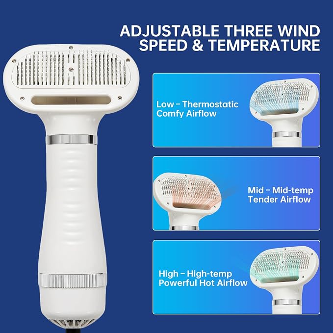 Professional Pet Grooming Dryer Brush – 3-in-1 Dog Blow Dryer with Slicker Brush, Adjustable Temp, Overheat Safe, Salon Quality