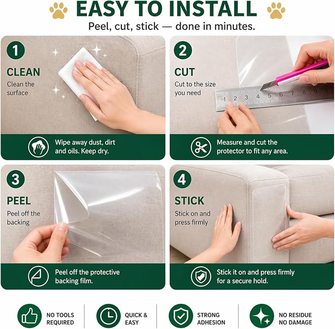 Cat Scratch Furniture Protector for Couch, 12 Pack Clear Couch Protector from Cat Claws, Self Adhesive Anti Scratch Furniture Protectors for Cats, Transparent Couch Corner Protectors, No Residue