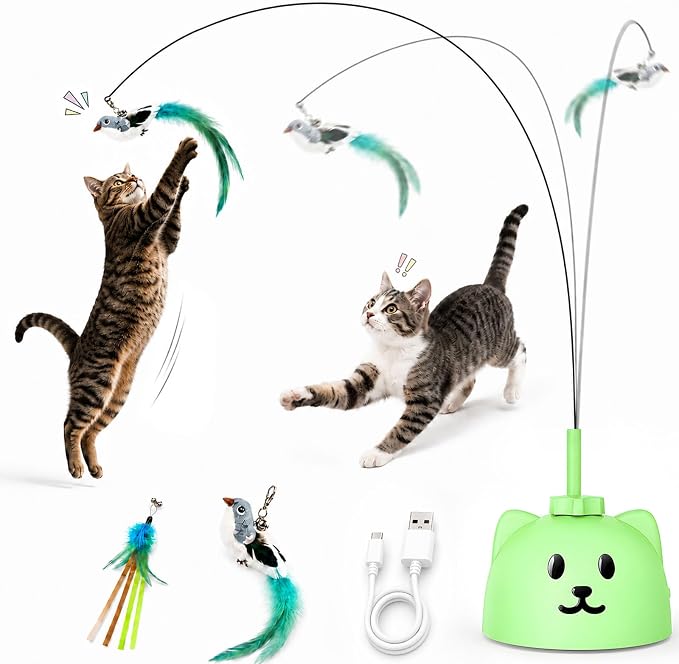 Interactive Cat Toys for Indoor Cats: Automatic Flying Bird Cat Toy with 360° Feather Wand, Strong 8cm Suction Cup, USB Rechargeable Self-Play Cat Toy for Bored Kittens & Adult Cats