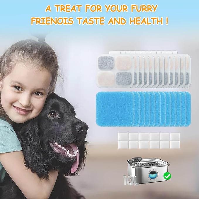 16 Set Replacement Filters for Oneisall PW07SAU 10L/2.64Gal Stainless Steel Dog Water Fountain, Includes 16 Filters & 16Pre-Filters & 16 Pump Sponges