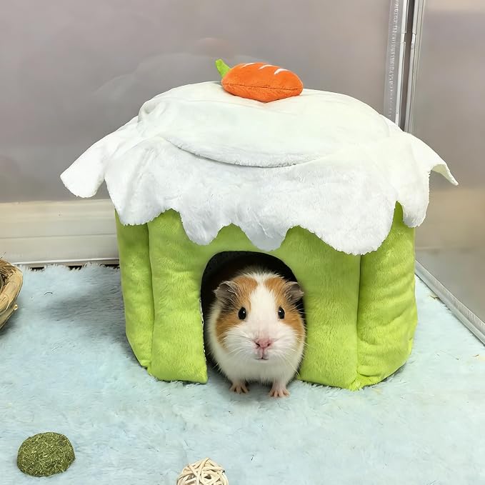Guinea Pig Hideout, Warm Bunny House, Washable Winter Dwarf Rabbit Bed for Hamster, Chinchilla, Hedgehog,Ferret & Other Small Animals (Green-M)