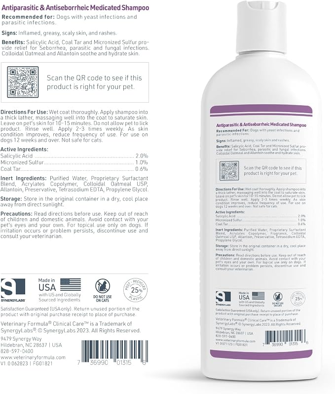 Veterinary Formula Clinical Care Antiseptic and Antifungal Shampoo Plus Antiparasitic and Antiseborrheic Shampoo for Dogs Bundle, Help Support Itchy Flaky or Oily Skin, 2 Pack 16 fl oz Each