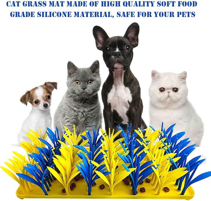 Silicone Grass Mat for Cats & Dogs, Snuffle Mat for Dogs Cats, Slow Feeder Dog Bowl, Interactive Sniff Foraging Mats for Dog Cat Pet, Nosework Training Foraging Pad- Blue & Yellow2