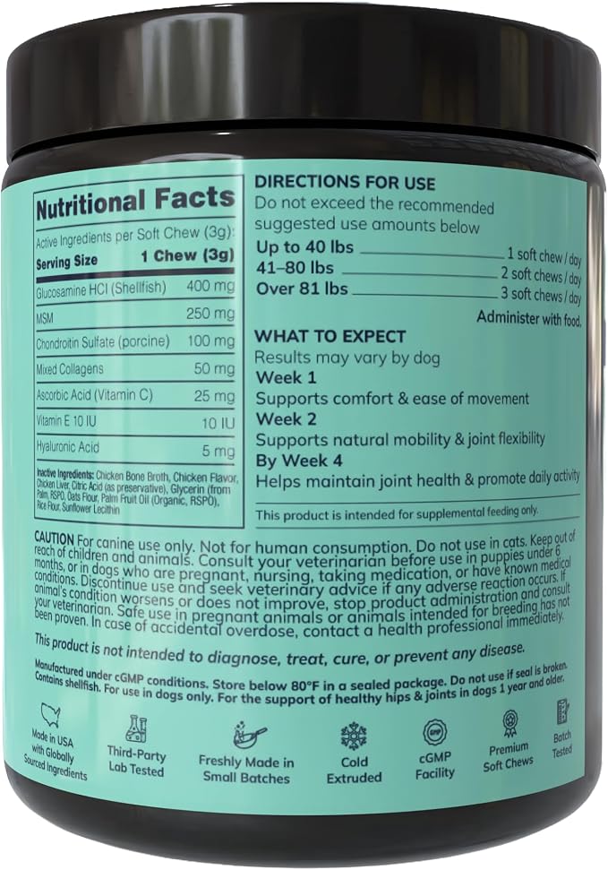 Advanced Hip & Joint Chews for Dogs - Glucosamine, Chondroitin, MSM & Collagen - Joint Support & Daily Mobility for Senior, Adult, Large & Small Dogs - 90 Soft Chews, Chicken Flavor.