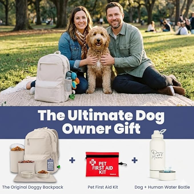 Dog Travel Bag for Supplies - Complete Dog Diaper Bag Backpack with 2 BPA-Free Travel Bowls, Treat Pouch, Food Container, Placemat & Laptop Sleeve – for Traveling, Road Trips, Hiking: Beige