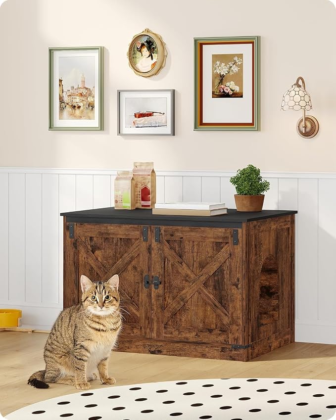 Hzuaneri Cat Litter Box Enclosure with Cushion, Hidden Litter Box Furniture with Removable Dividers, Reversible Entrance Left or Right Side, Cat House, Rustic Brown and Black CB84601X