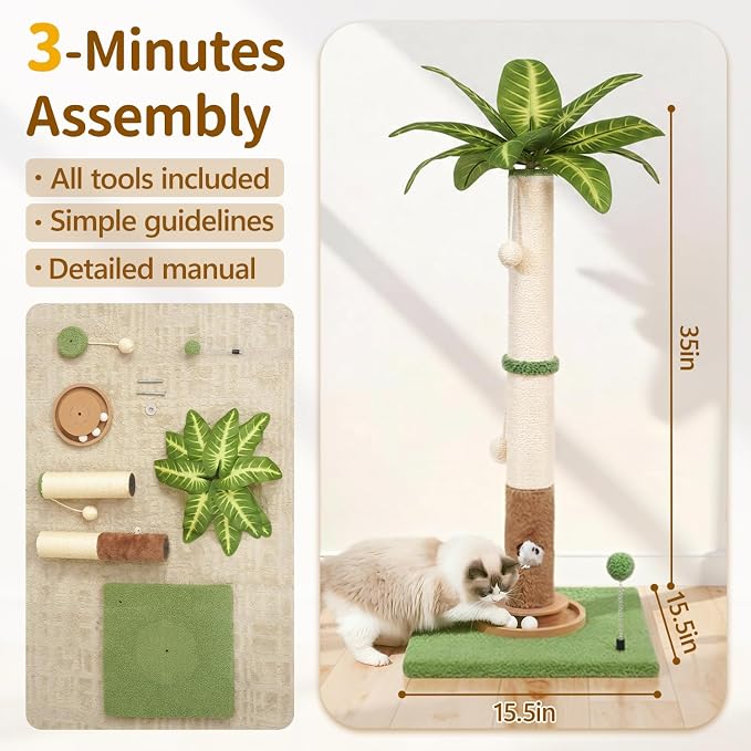 Cat Scratcher Pad & Scratching Post Set of 2, 23.8" Horizontal Cardboard Lounger with Ball Track, Green Palm Tree Vertical Sisal Post, Furniture Protection for Kittens & Large Indoor Cats
