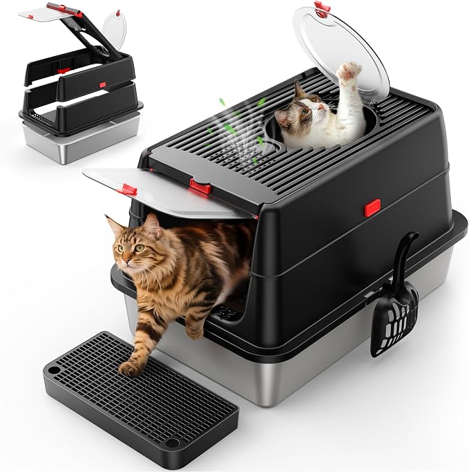 Stainless Steel Cat Litter Box with Lid, Extra Large, Enclosed, High Sides, Flip Cover, Odor Control, Black, Includes Scoop and Step