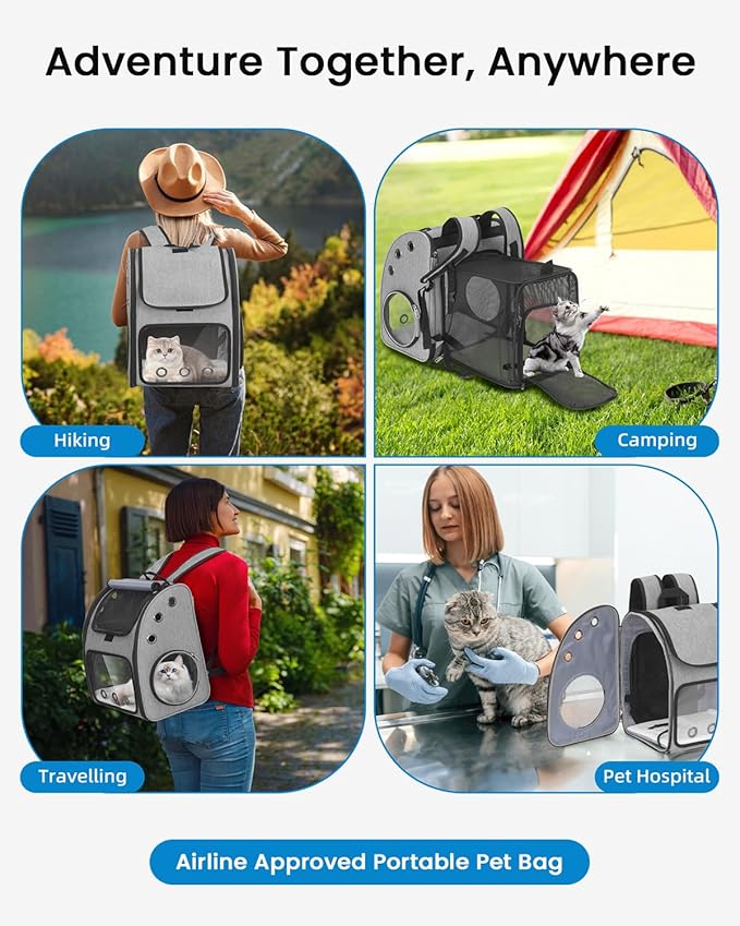 Expandable Cat Backpack Carrier, Airline Approved Pet Carrier for Cats & Small Dogs, Breathable Mesh, Bubble Window, Anti-Collapse, for Travel Hiking Camping, Hold Pets Up to 18 Lbs