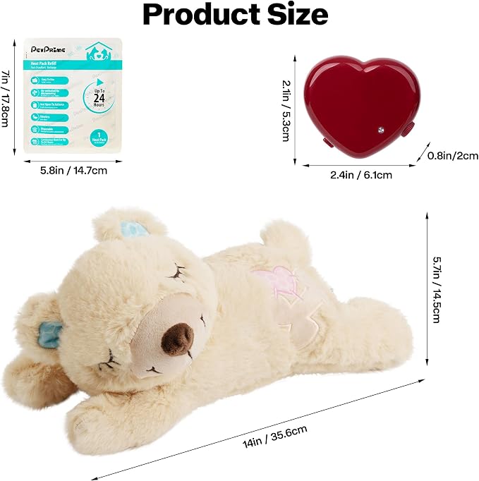 PetPrime Dog Plush Toy with Heartbeat for Puppies – Rechargeable with Timer & Adjustable Speed, Pet Soft Anxiety Puppy Toy,Includes 1 Disposable Heat Pack(Bear)