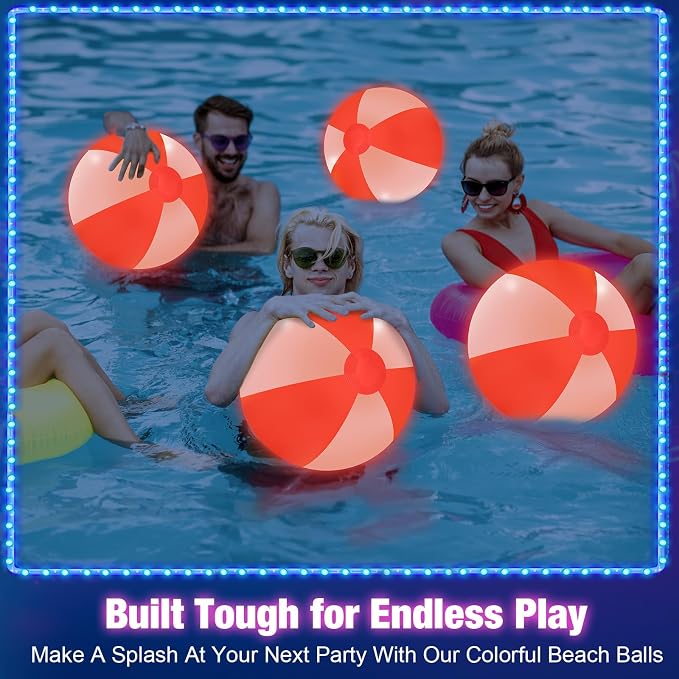 MiniInflat 12 Pcs Light up Beach Balls 16'' Jumbo Pool LED Balls Glow in the Dark Neon Giant Inflatable for Summer Hawaiian Tropical Theme Beach Party Decor Water Accessory (Red)