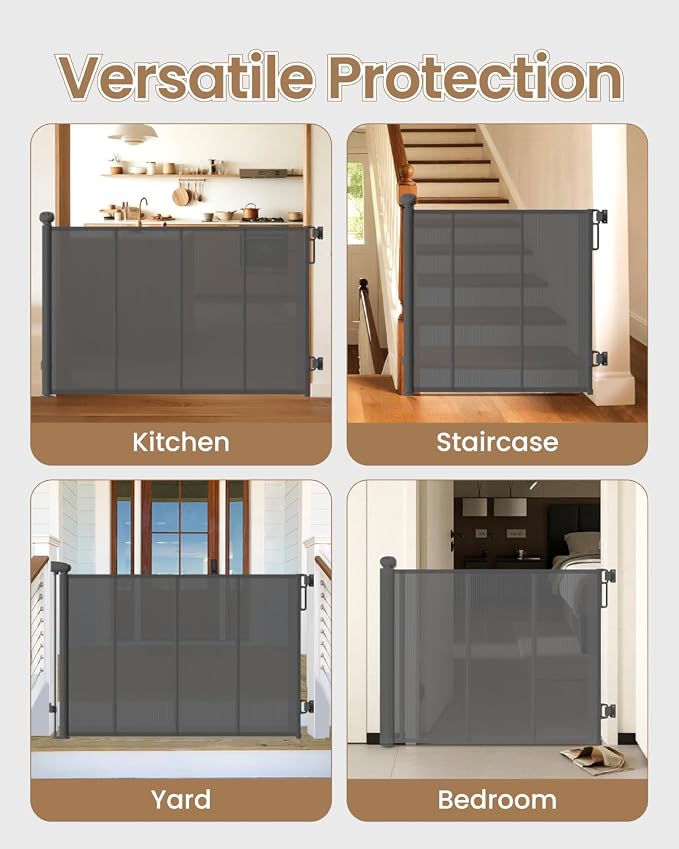 Retractable Baby Gate, 71" Wide 34" Tall Reinforced Mesh Baby Gate for Open Kitchens and Wide Doorways, One-Hand Operation Retractable Dog Gate, Fits Baseboards, Gray