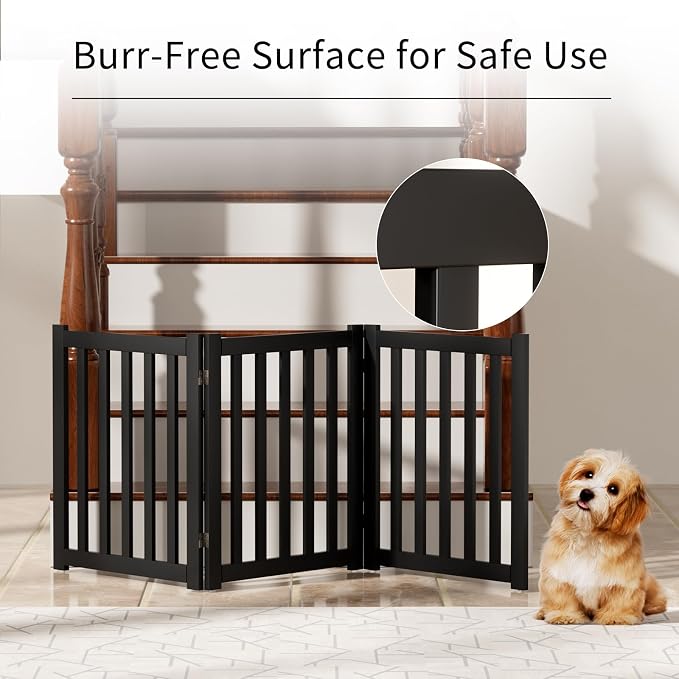 3-Panel Solid Wood Dog Gate - Freestanding Folding Pet Gate for Doorways, Stairs, Indoor, 24" Height, No Installation Needed, Black