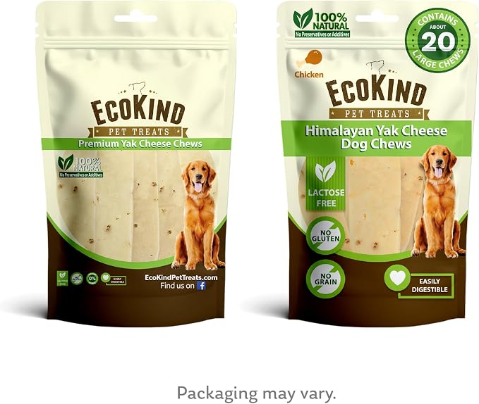 EcoKind Yak Cheese Himalayan Dog Chews, Yak Chews for Large Dogs, Long Lasting Bone for Aggressive Chewers, Only 4 Ingredients, Natural High Protein Dog Treats, No Additives, Chicken, Large 18+ Chews