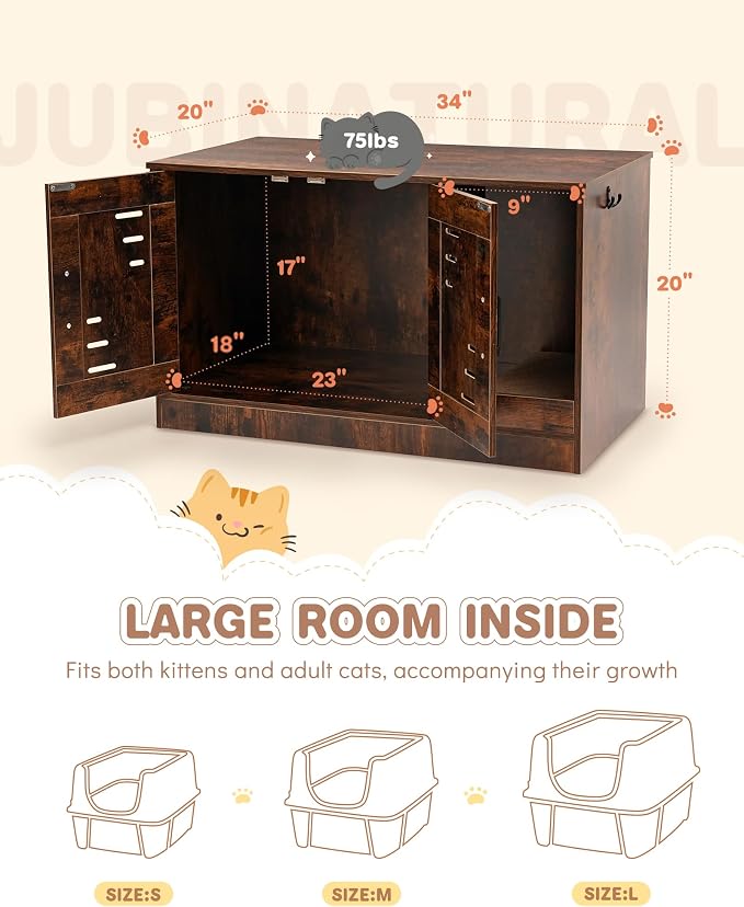 Cat Litter Box Enclosure, Hidden Cat Litter Box Furniture with Vent and Scratch Pad, Enclosed Odor Control, Easy Clean Panel, for Bedroom, Living Room, Rustic Brown