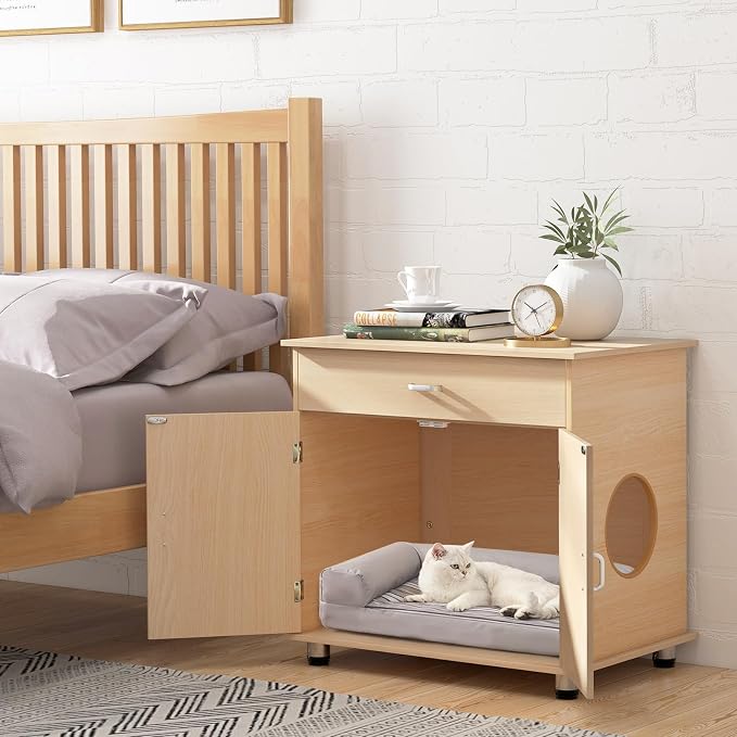 PETSITE Cat Litter Box Enclosure, Hidden Litter Box Furniture with Drawer and Adjustable Metal Feet, Wooden Pet House Side End Table, Indoor Litter Box Cabinet with Sisal Scratching Board Doors