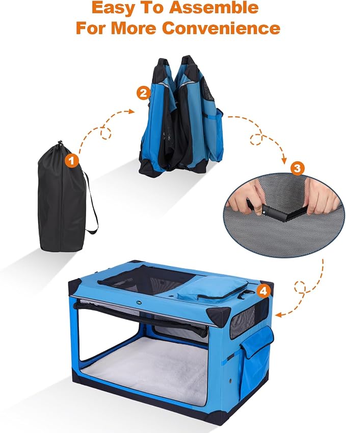 Ownpets 48 inch XXL Collapsible Dog Crate for Large Dogs, Portable Travel Dog Crate, 4-Door Foldable Pet Kennel with Durable Mesh Windows and Soft Mat, Blue