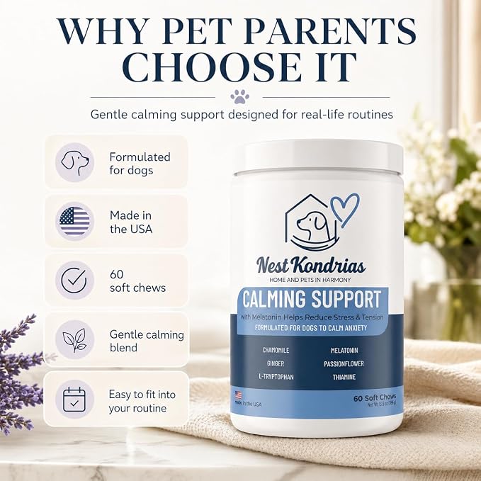 Calming Chews for Dogs – Soft Chews with Melatonin & Natural Calming Blend to Support Relaxed Behavior During Fireworks, Thunderstorms, Grooming & Travel, 60 Count