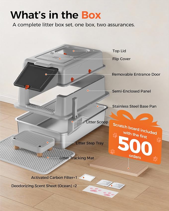 XXXL Stainless Steel Cat Litter Box with Lid, 27.5"×20.1"×17.3" Jumbo Enclosed Litterbox,Dual-Entry (Front Entry & Top Exit),High-Sided,Non-Stick,Odor Control,for Big Cats, with Mat,Scoop & Step,Grey