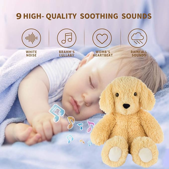 BEREST Newborns Musical Baby Sleep Soother, Mom's Heartbeat White Noise Machine|Dog Sleeping Aid with Cry Sensor|Night Light & 9 Sounds Therapy|Sleepy Puppy Stuffed Toy for Toddler Crib|Yellow