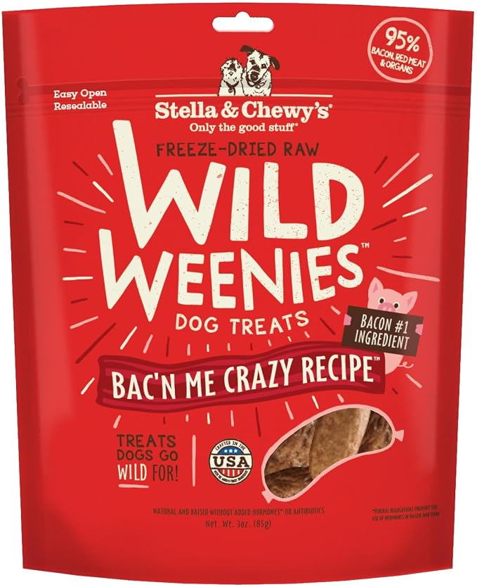 Stella & Chewy's Freeze-Dried Raw Wild Weenies Dog Treats - High-Protein Training Treats for Dogs & Puppies - All-Natural Bacon Recipe with 95% Meat & Organs - USA Made - 3 oz Bag