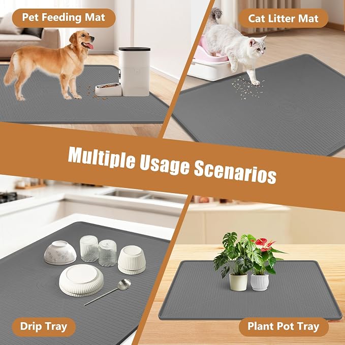 Lorvain Dog Food Mat, 45" x 30" Silicone Pet Feeding Mat with Raised Edges, Extra Large Pet Placemat for Dog Cat Food and Water Bowl Non-Slip, Easy to Clean, Waterproof & Floor Protection, Dark Grey