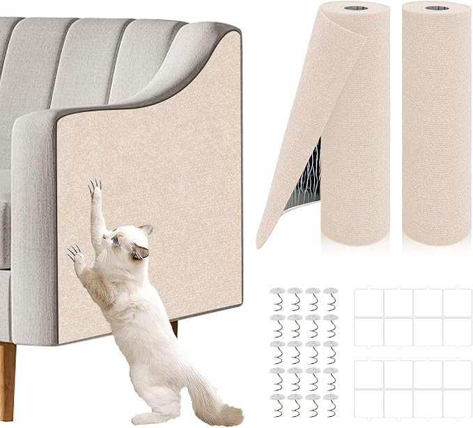 2 Pcs Total 78.8"x15.8" Cat Scratch Mat, Cat Scratch Couch Furniture Protector, Trimmable Self-Adhesive Cats Scratch Pads, DIY Cat Scratcher for Wall Protector and Covering Cat Tower (Beige)