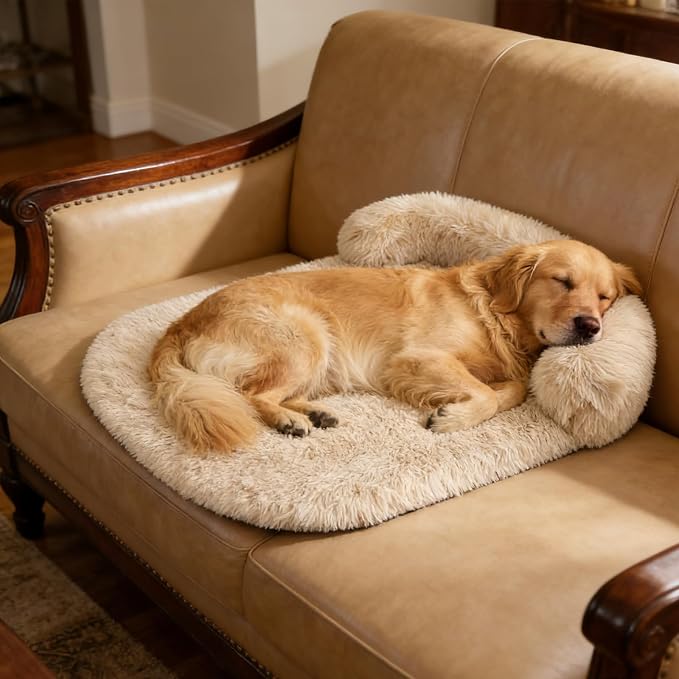 Orthopedic Dog Bed with Egg-Crate Base, Calming Dog & Cat Beds Long Plush with Raised Edges, Spine Friendly Pet Sleeping Mat for Small Medium Dogs, Machine Washable (Oval, Beige 26"x20")