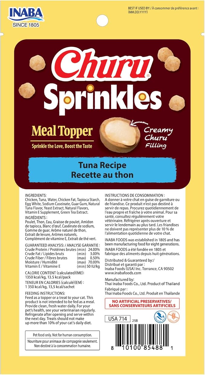 INABA Churu Sprinkles for Cat, Soft & Chewy Churu Filled, Baked Chicken Cat Treat Meal Topper with Vitamin E and Green Tea Extract, 1.05 oz. per Pack, 18 Packs Total, Tuna Recipe