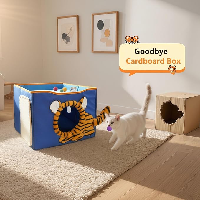 CWV Interactive Cat Toys for Indoor Cats, Kitten Toys with Scratch Pad, Cat Hideaway with Peekaboo Holes, Tiger Cat House Cave with Soft Pillow